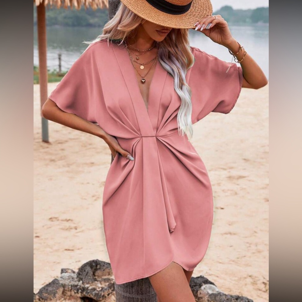 Boho pink batwing sleeve twist front dress - Picture 6 of 6